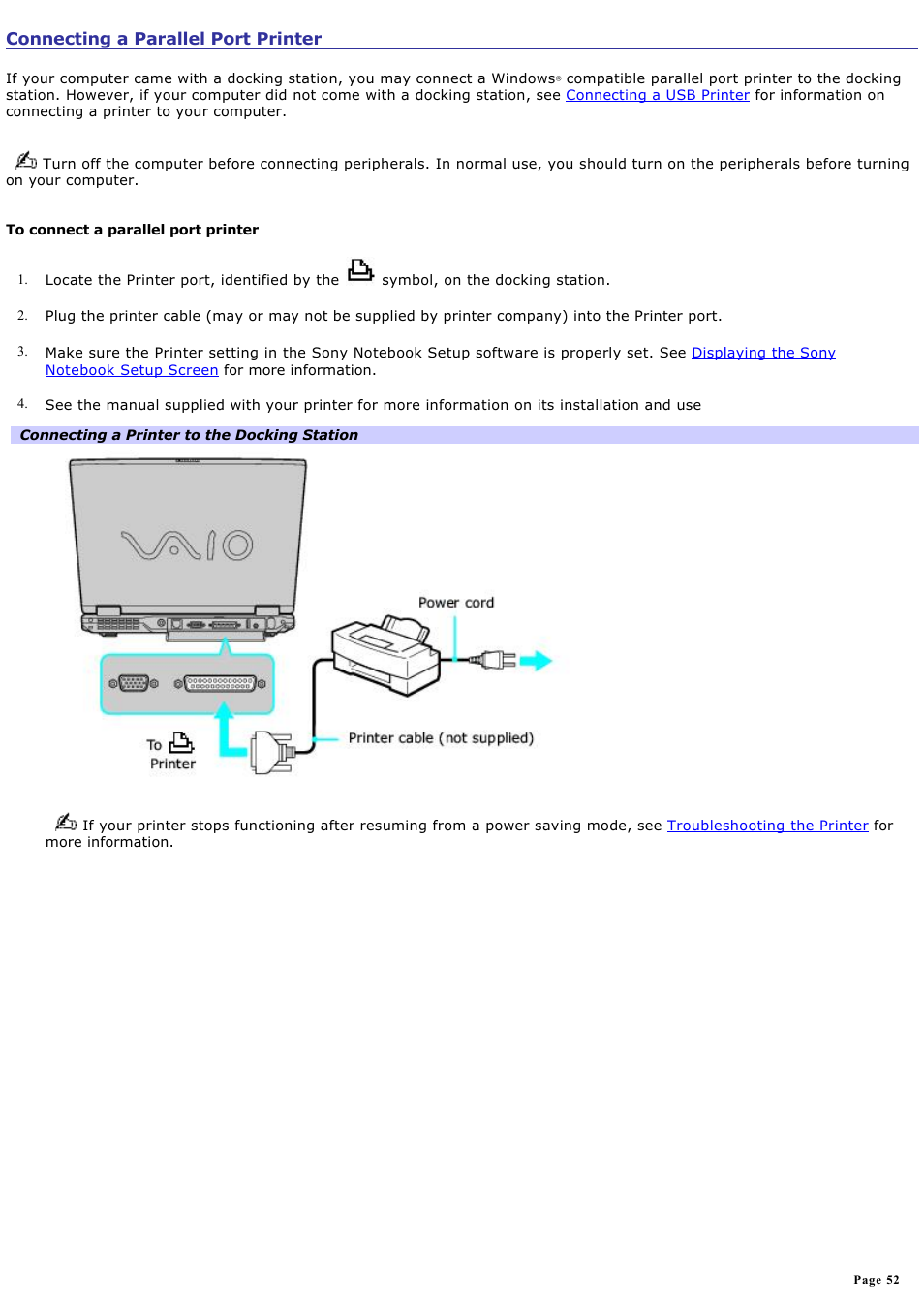 Connecting a parallel port printer | Sony PCG-R505ELP User Manual | Page 52 / 156