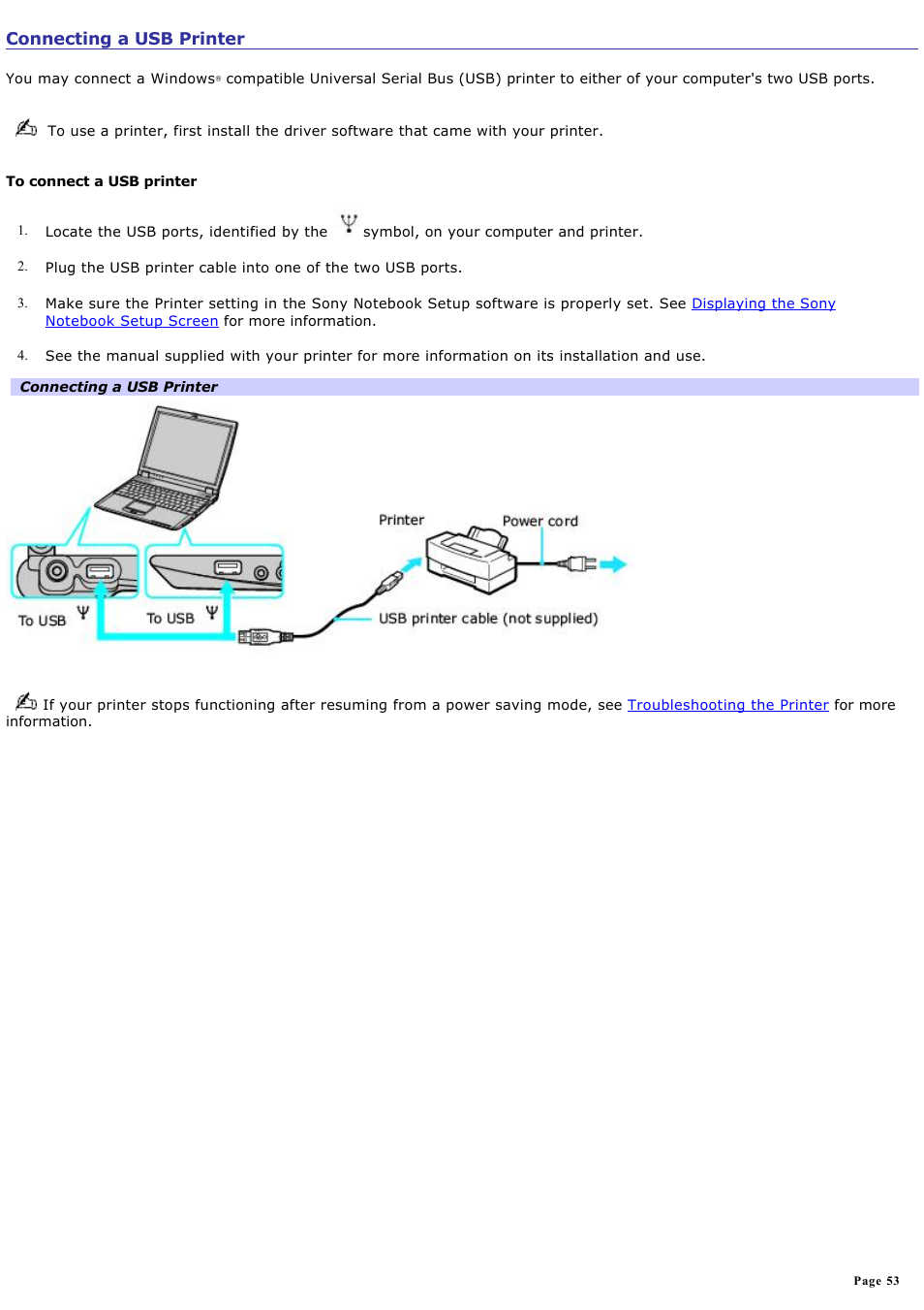 Connecting a usb printer | Sony PCG-R505ELP User Manual | Page 53 / 156