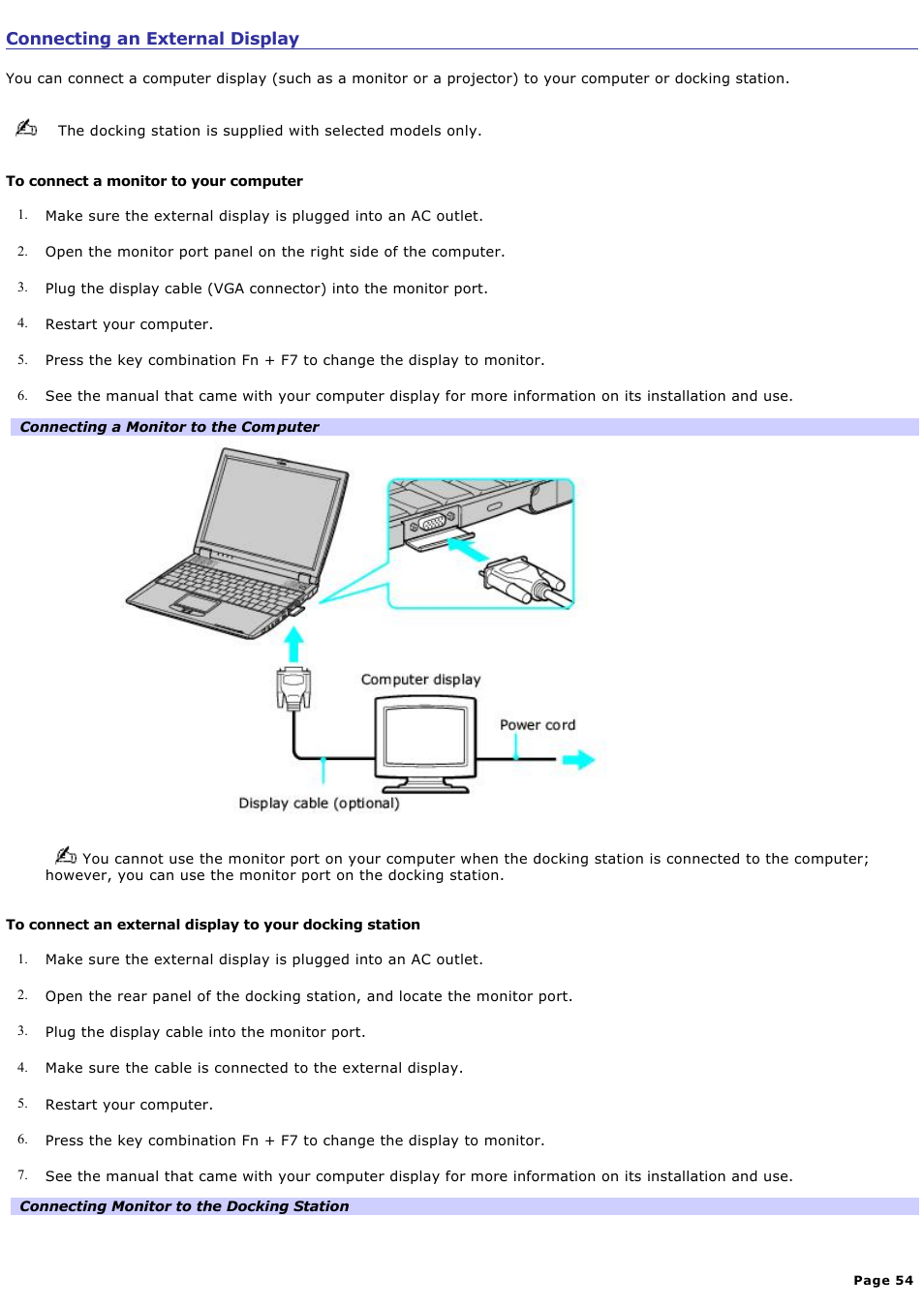 Connecting an external display | Sony PCG-R505ELP User Manual | Page 54 / 156
