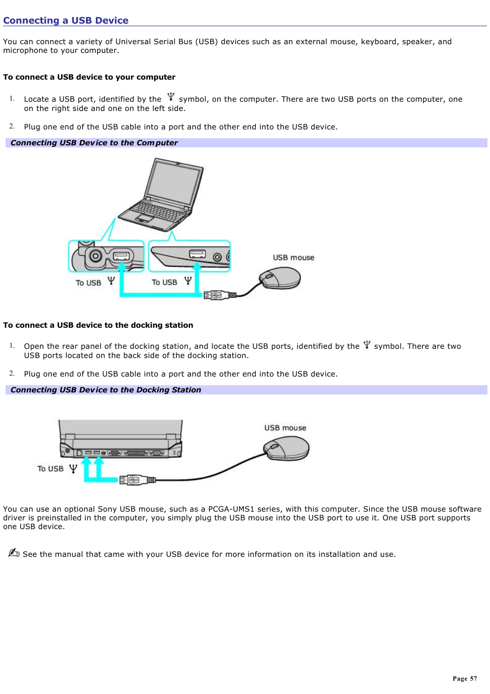 Connecting a usb device | Sony PCG-R505ELP User Manual | Page 57 / 156