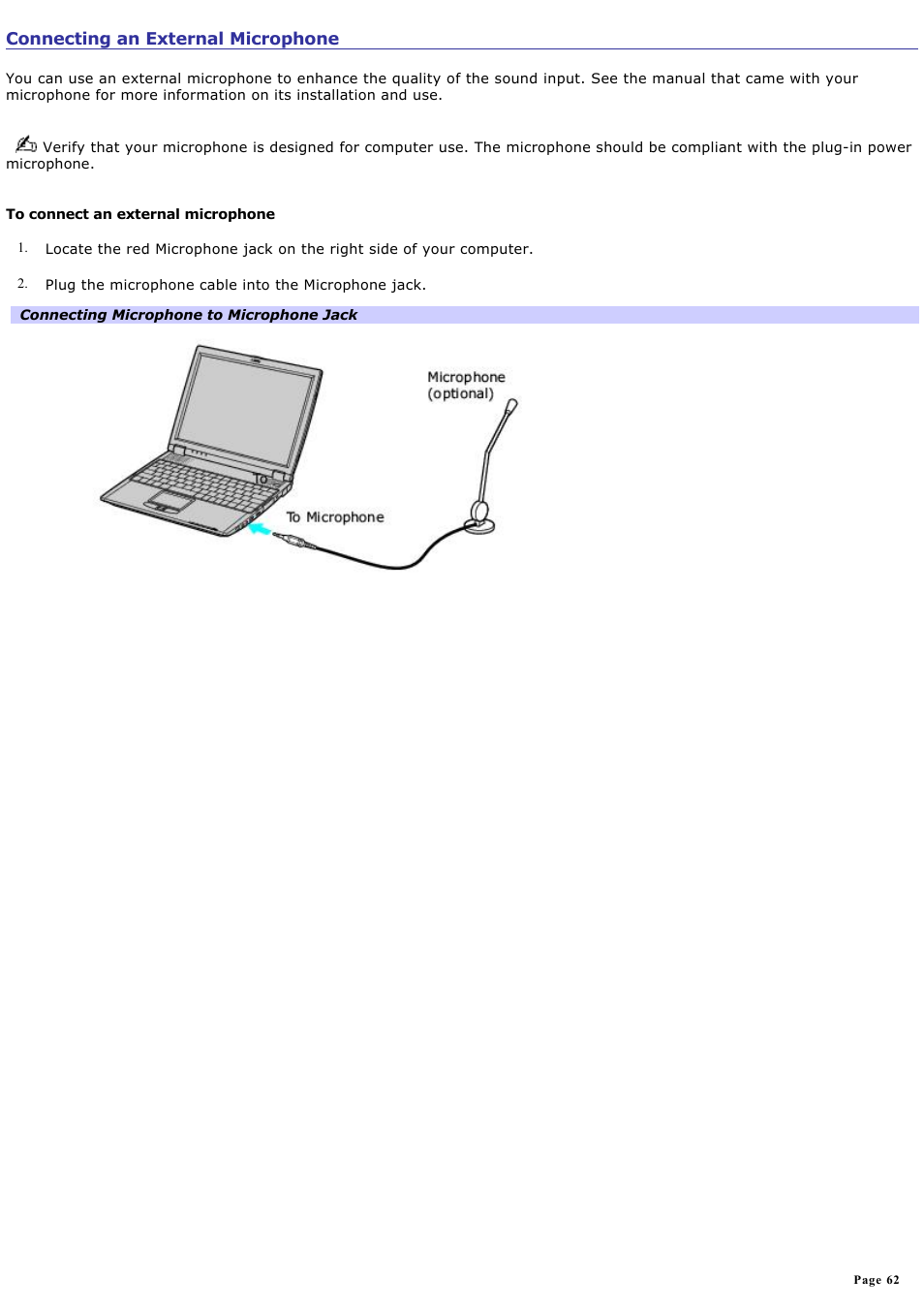 Connecting an external microphone | Sony PCG-R505ELP User Manual | Page 62 / 156