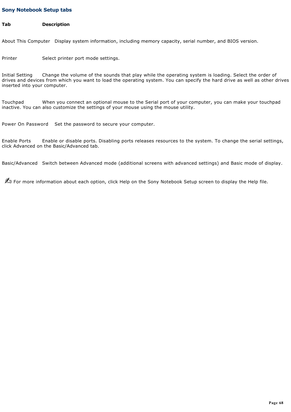 Sony notebook setup tabs | Sony PCG-R505ELP User Manual | Page 68 / 156