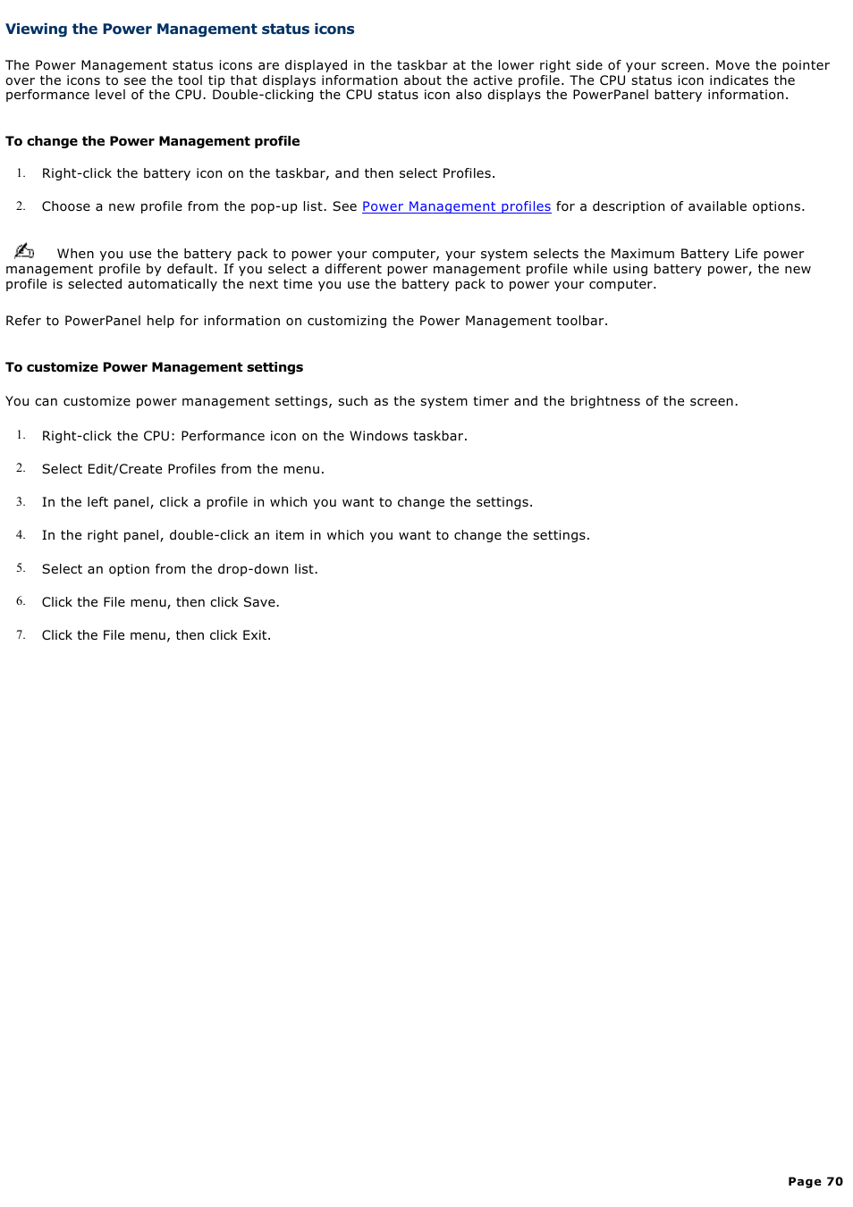 Viewing the power management status icons | Sony PCG-R505ELP User Manual | Page 70 / 156