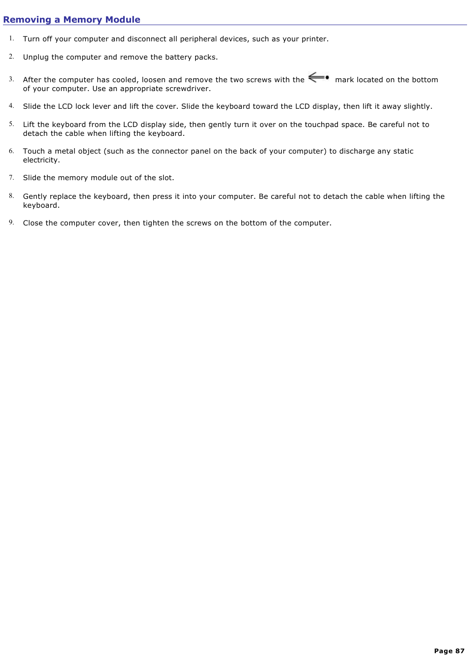 Removing a memory module | Sony PCG-R505ELP User Manual | Page 87 / 156