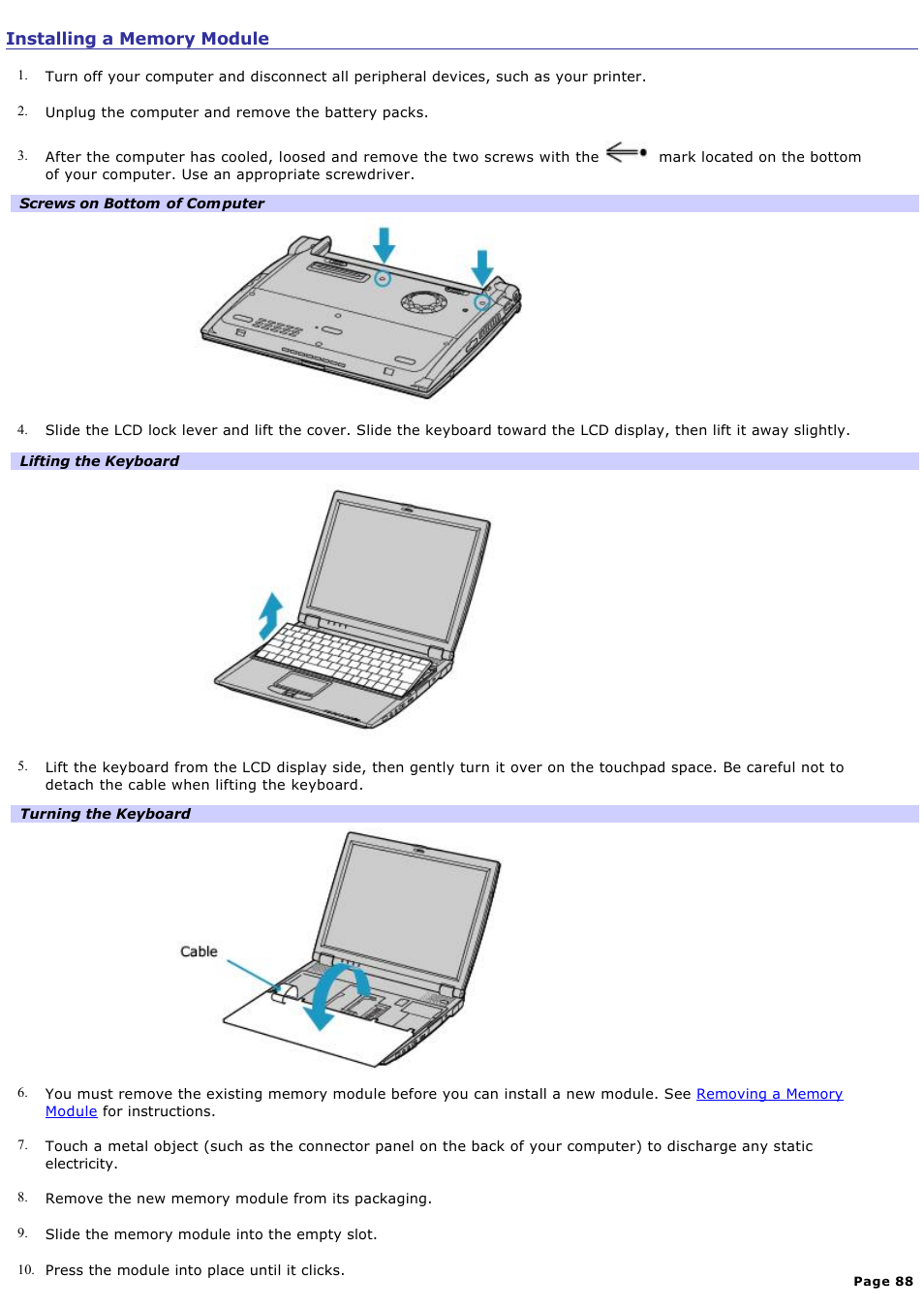 Installing a memory module | Sony PCG-R505ELP User Manual | Page 88 / 156