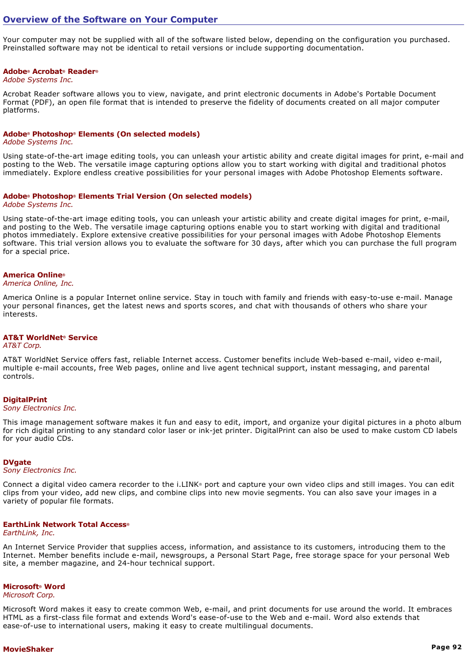 Overview of the software on your computer | Sony PCG-R505ELP User Manual | Page 92 / 156