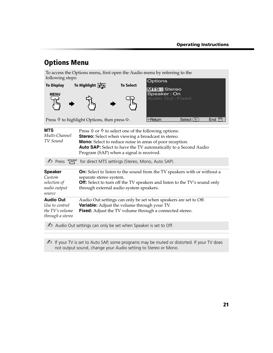 Options menu | Sony WEGA  KV-20FV300 User Manual | Page 29 / 48