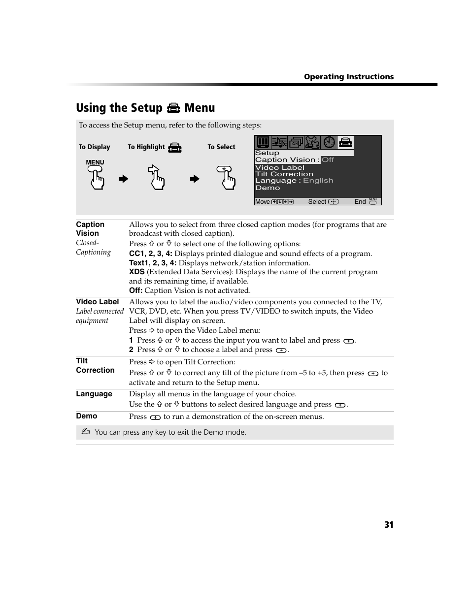 Using the setup menu | Sony WEGA  KV-20FV300 User Manual | Page 39 / 48