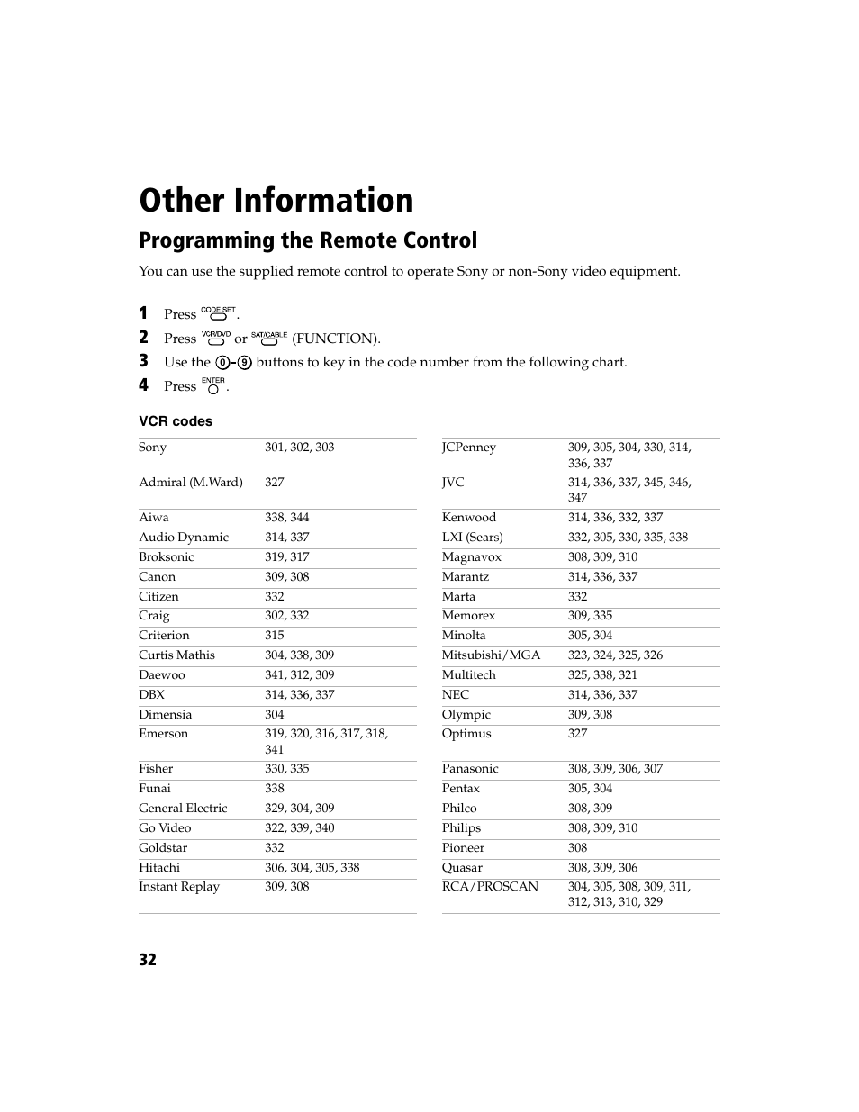 Other information, Programming the remote control | Sony WEGA  KV-20FV300 User Manual | Page 40 / 48