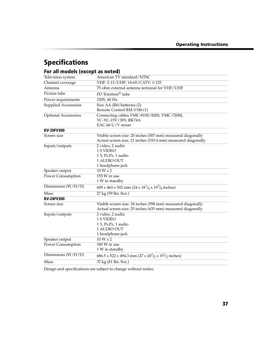 Specifications | Sony WEGA  KV-20FV300 User Manual | Page 45 / 48