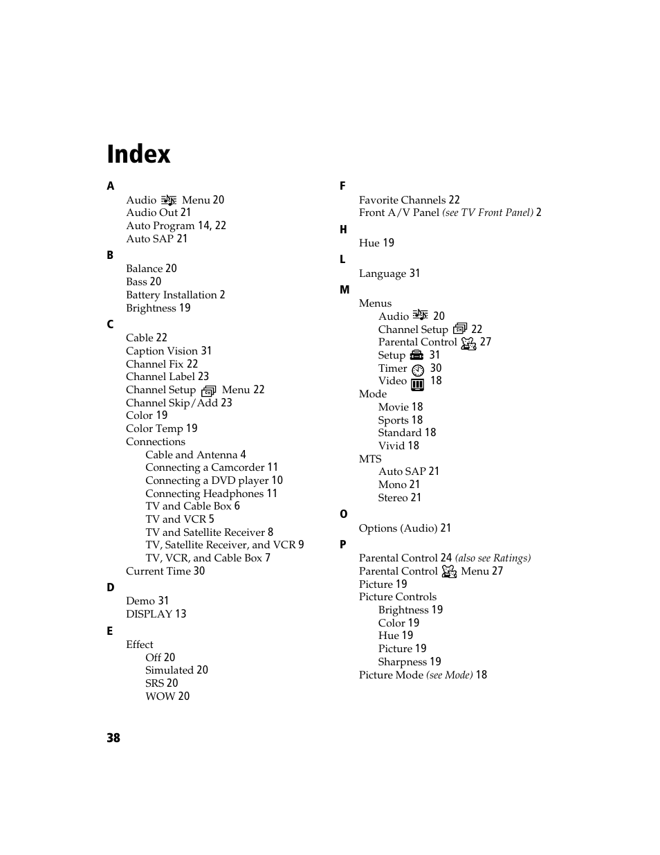 Index | Sony WEGA  KV-20FV300 User Manual | Page 46 / 48