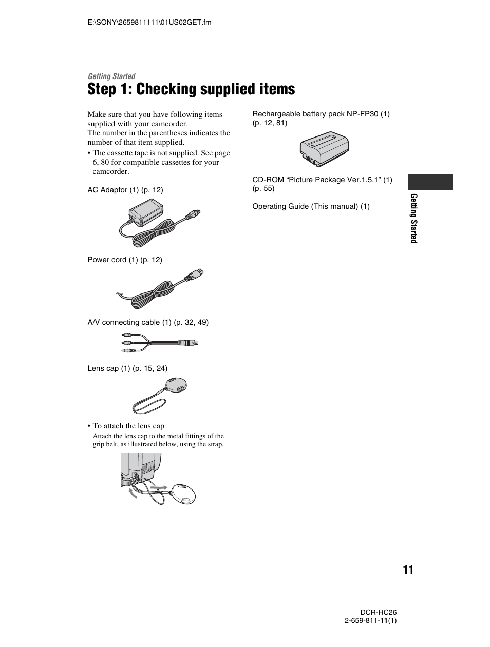 Getting started, Step 1: checking supplied items | Sony DCR-HC26 User Manual | Page 11 / 92