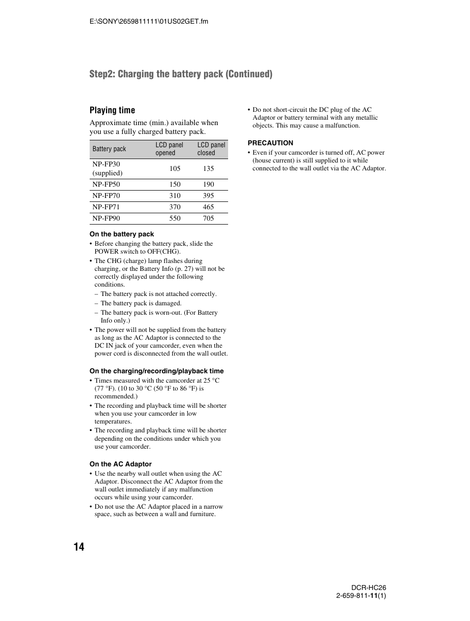 Step2: charging the battery pack (continued), Playing time | Sony DCR-HC26 User Manual | Page 14 / 92