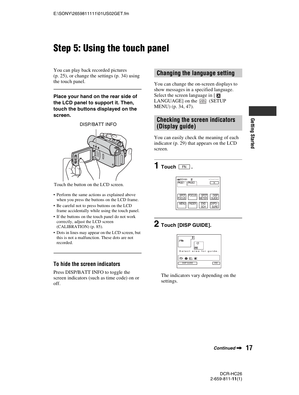 Step 5: using the touch panel, Changing the language setting, Checking the screen indicators (display guide) | Sony DCR-HC26 User Manual | Page 17 / 92