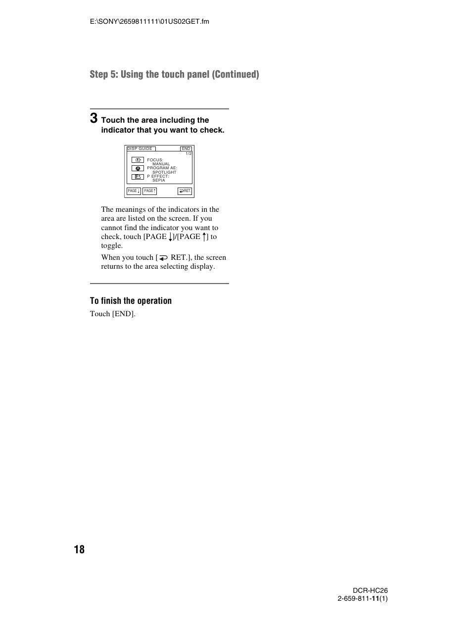 Step 5: using the touch panel (continued) | Sony DCR-HC26 User Manual | Page 18 / 92