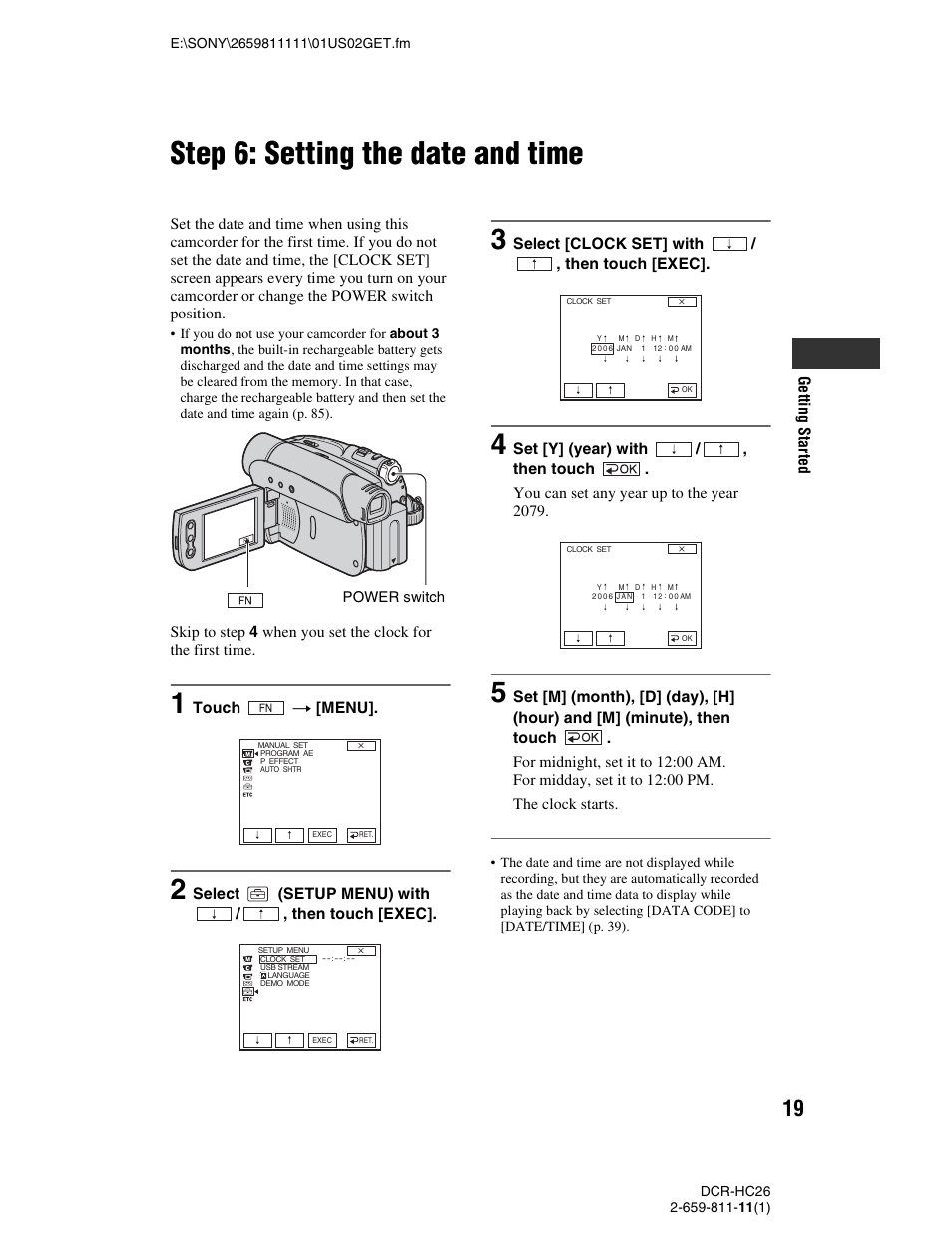 Step 6: setting the date and time | Sony DCR-HC26 User Manual | Page 19 / 92