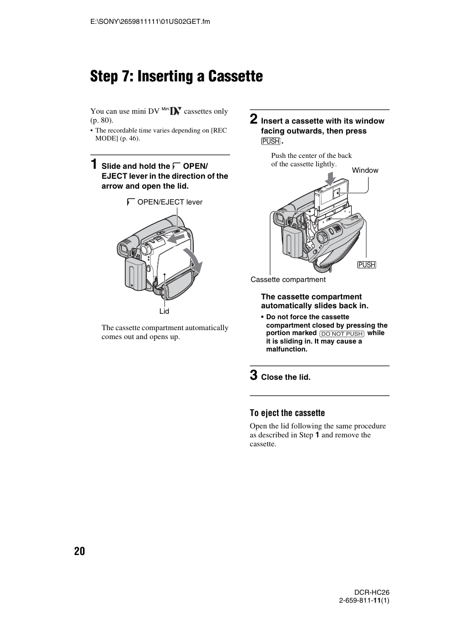 Step 7: inserting a cassette | Sony DCR-HC26 User Manual | Page 20 / 92