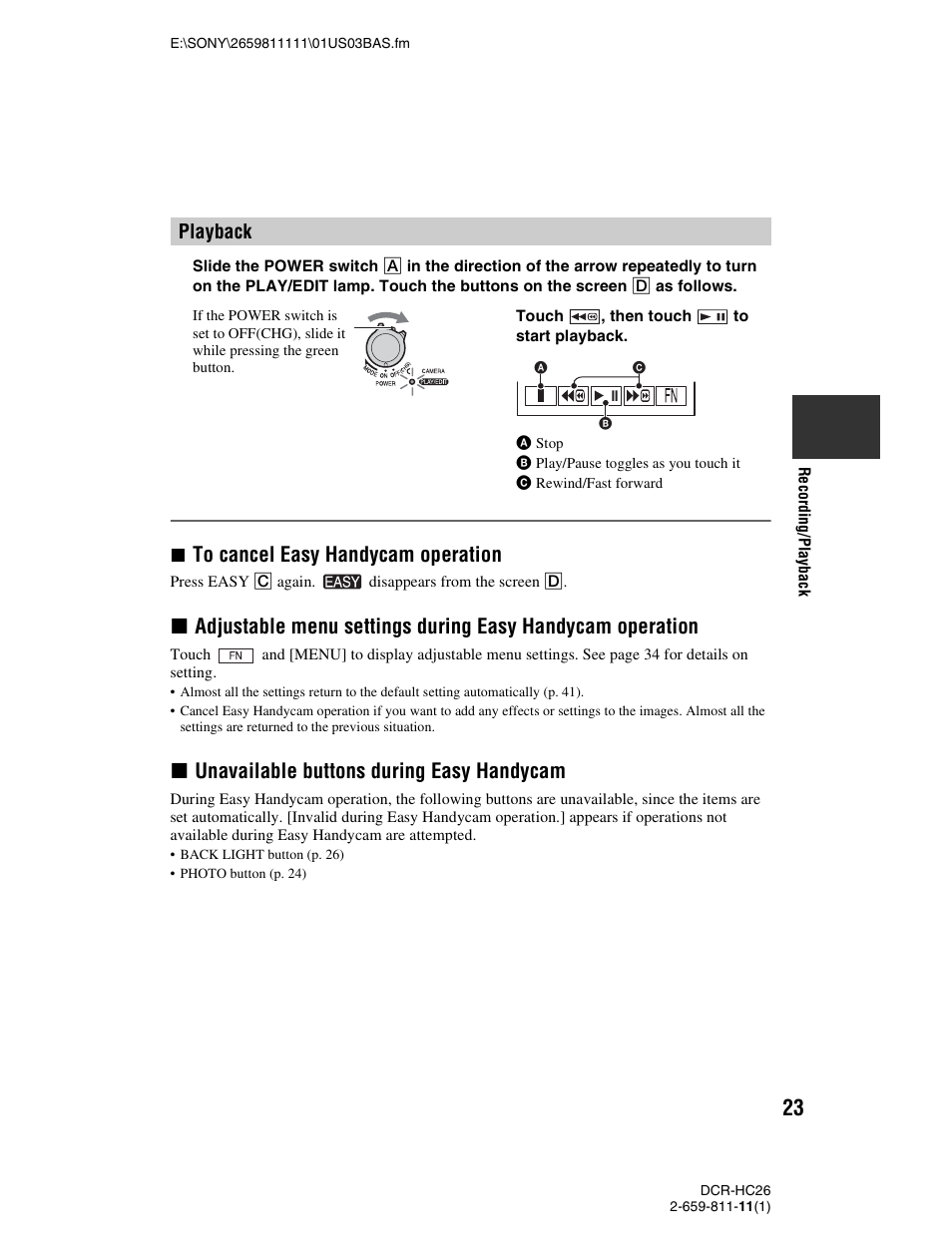 Xunavailable buttons during easy handycam, Playback | Sony DCR-HC26 User Manual | Page 23 / 92