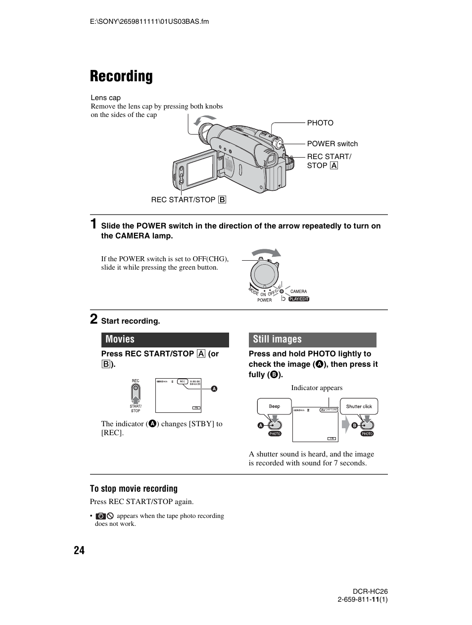 Recording, P. 24) | Sony DCR-HC26 User Manual | Page 24 / 92