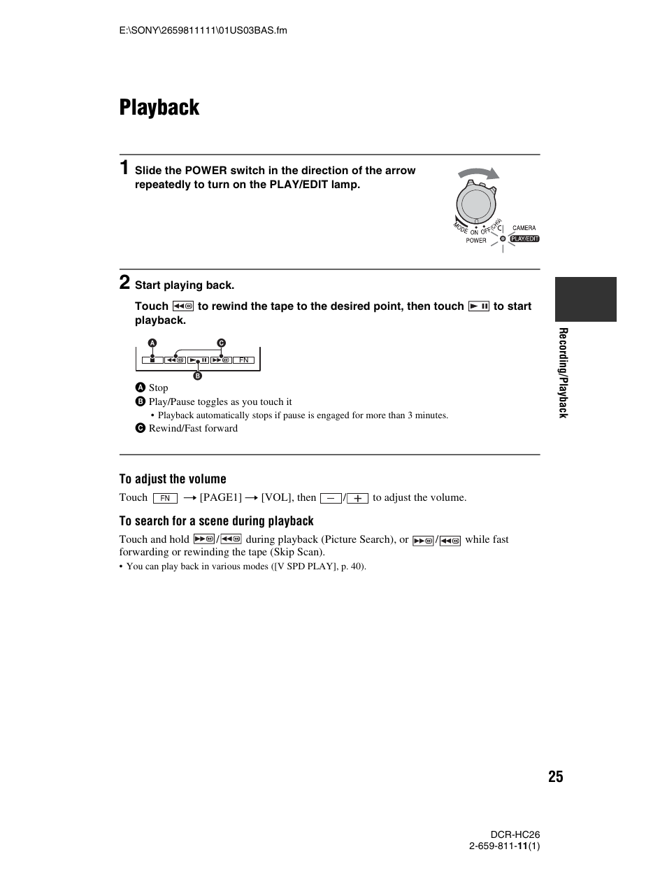Playback, P. 25) | Sony DCR-HC26 User Manual | Page 25 / 92