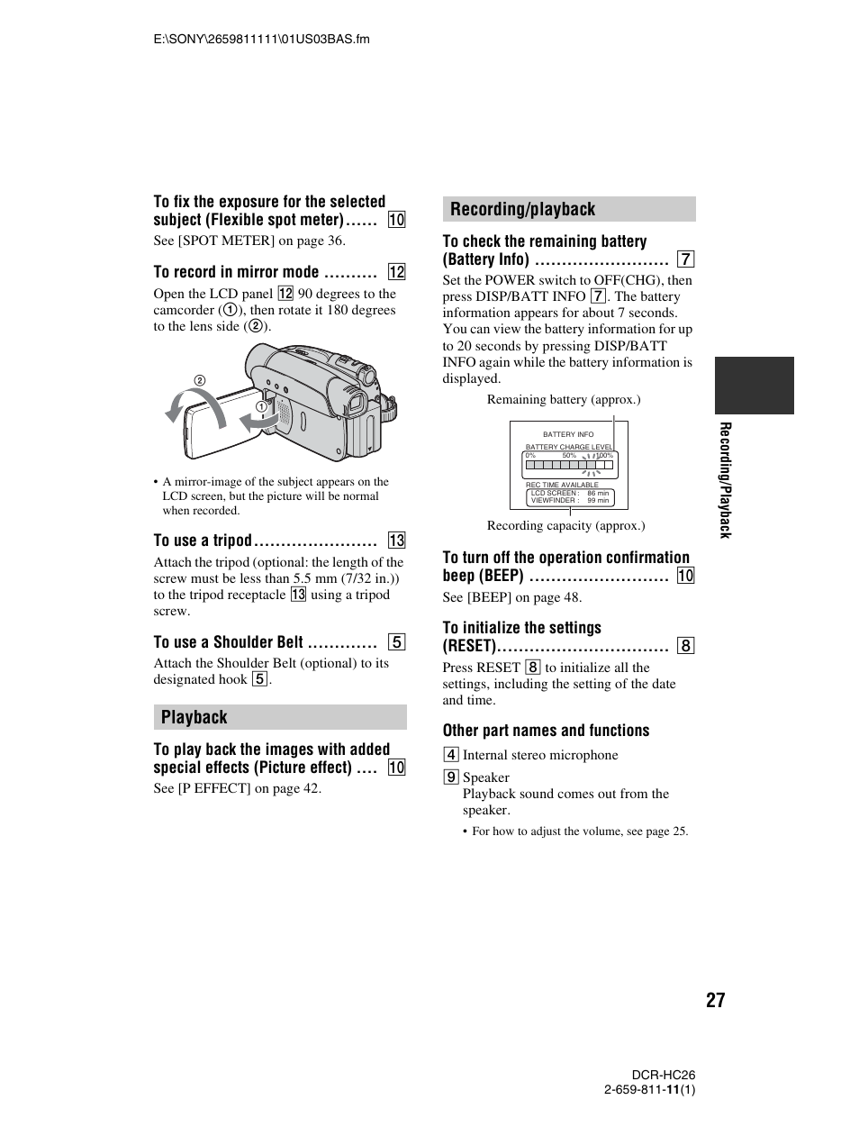 To record in mirror mode qs, To use a tripod qd, To use a shoulder belt 5 | Playback, Recording/playback, To check the remaining battery (battery info) 7, To initialize the settings (reset) 8, Other part names and functions | Sony DCR-HC26 User Manual | Page 27 / 92