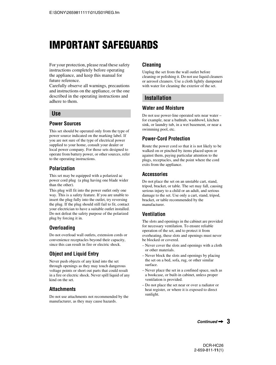 Important safeguards | Sony DCR-HC26 User Manual | Page 3 / 92