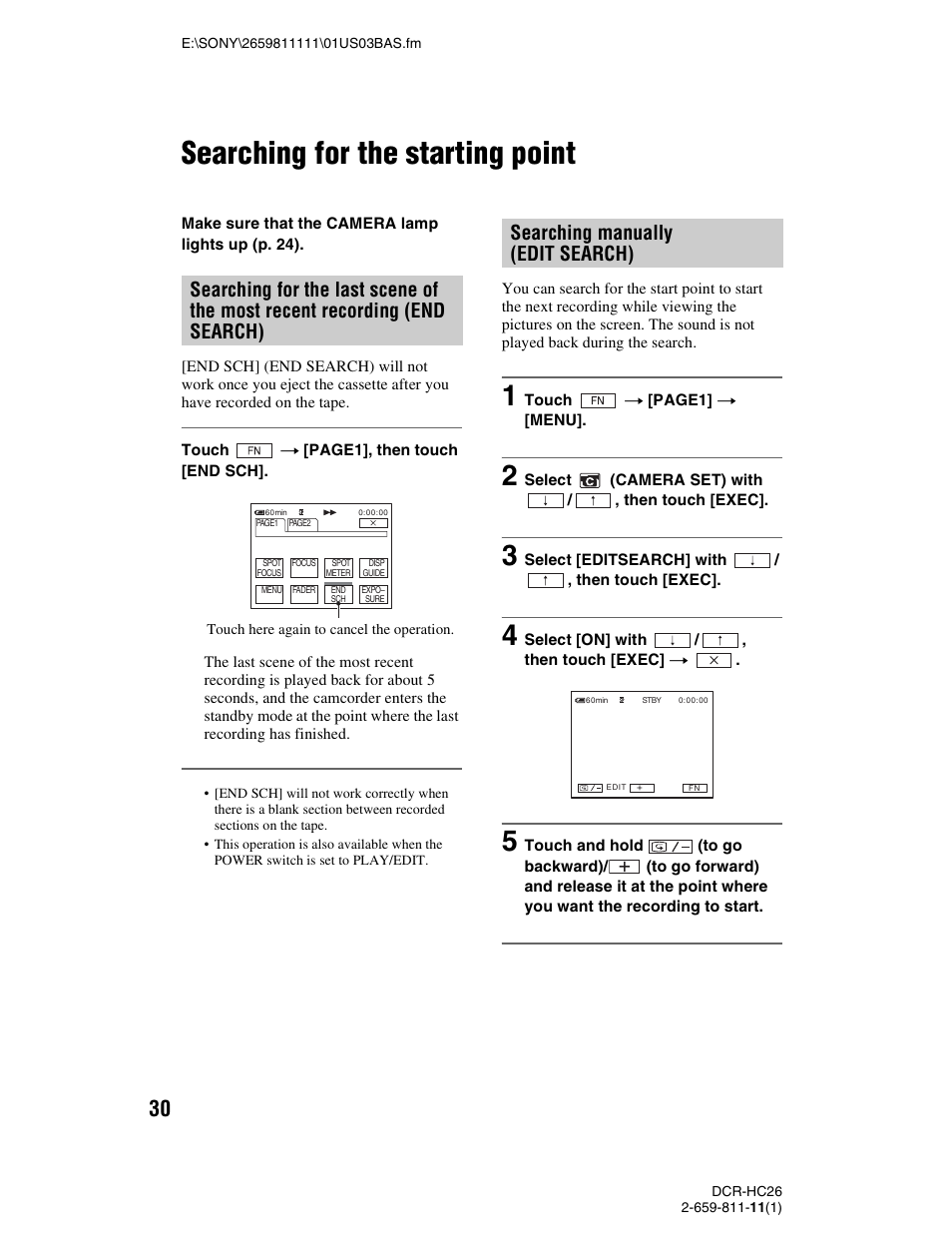 Searching for the starting point, Searching manually (edit search), End search) | Sony DCR-HC26 User Manual | Page 30 / 92