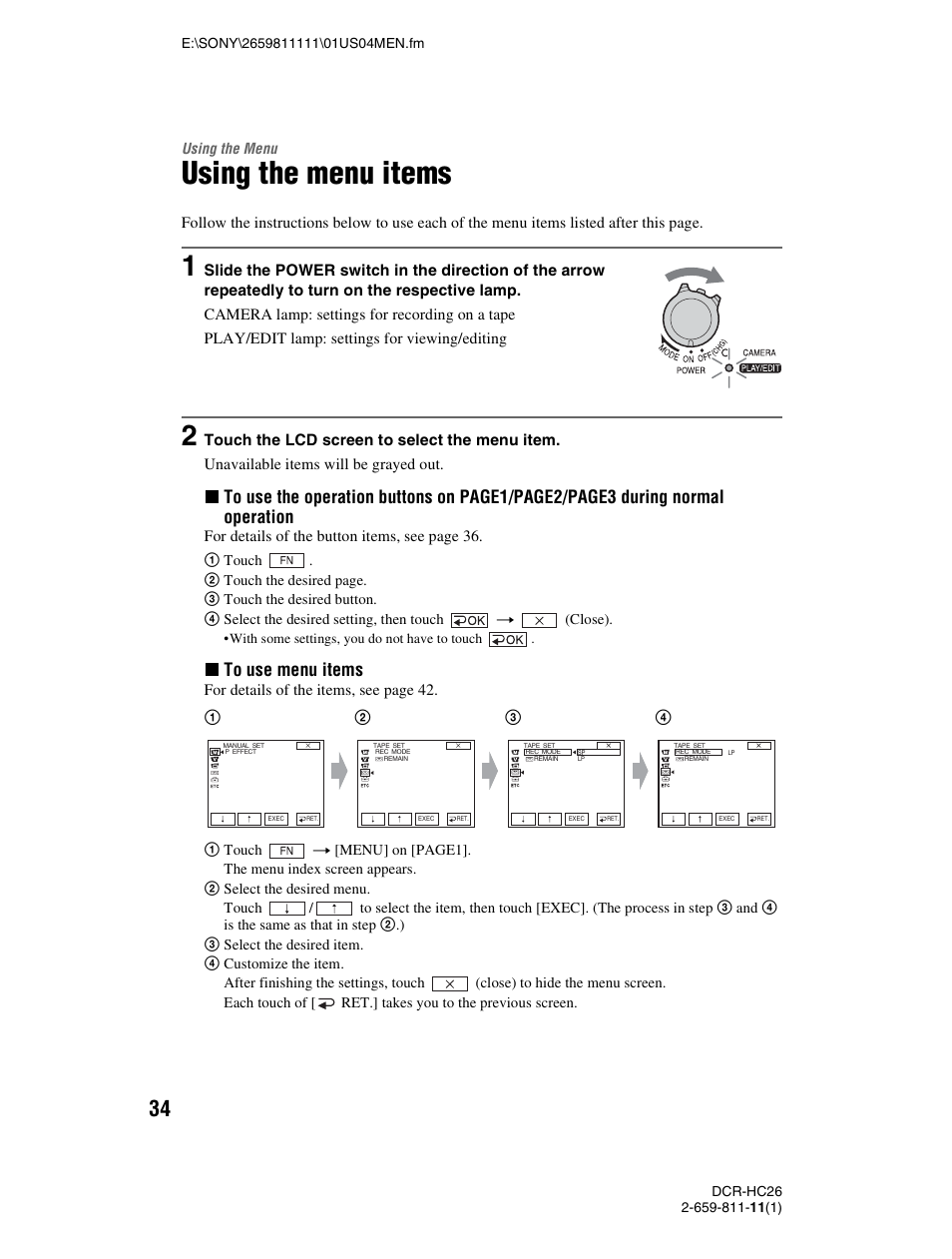 Using the menu, Using the menu items, Ngs (p. 34) usi | Nu) (p. 34, Xto use menu items | Sony DCR-HC26 User Manual | Page 34 / 92