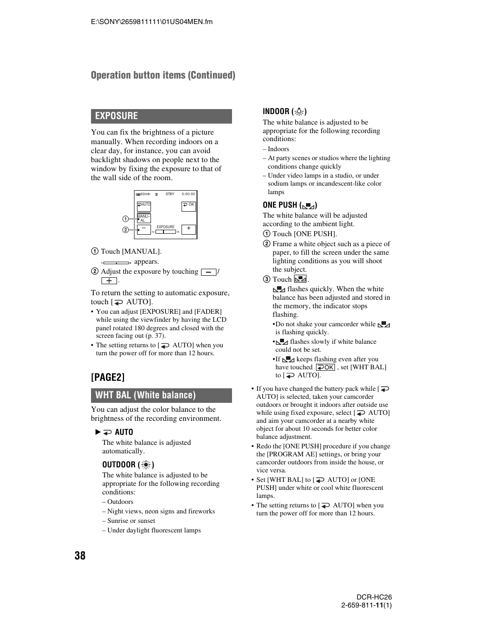 Ce (38), Page2, Operation button items (continued) | Exposure wht bal (white balance) | Sony DCR-HC26 User Manual | Page 38 / 92