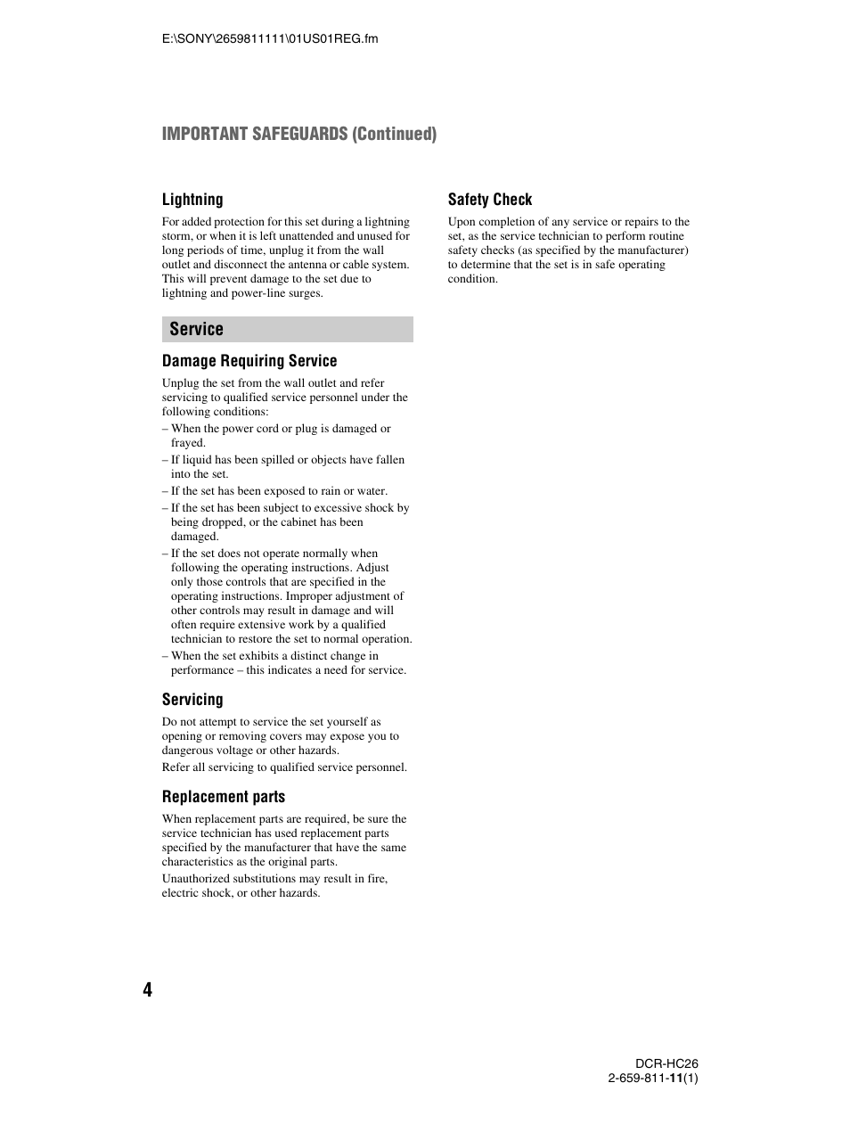 Service important safeguards (continued) | Sony DCR-HC26 User Manual | Page 4 / 92