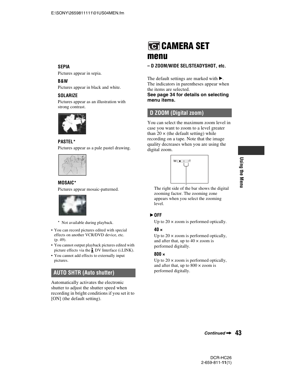 Camera set menu, D zoom/wide sel/steadyshot, etc, P. 43) | Sony DCR-HC26 User Manual | Page 43 / 92