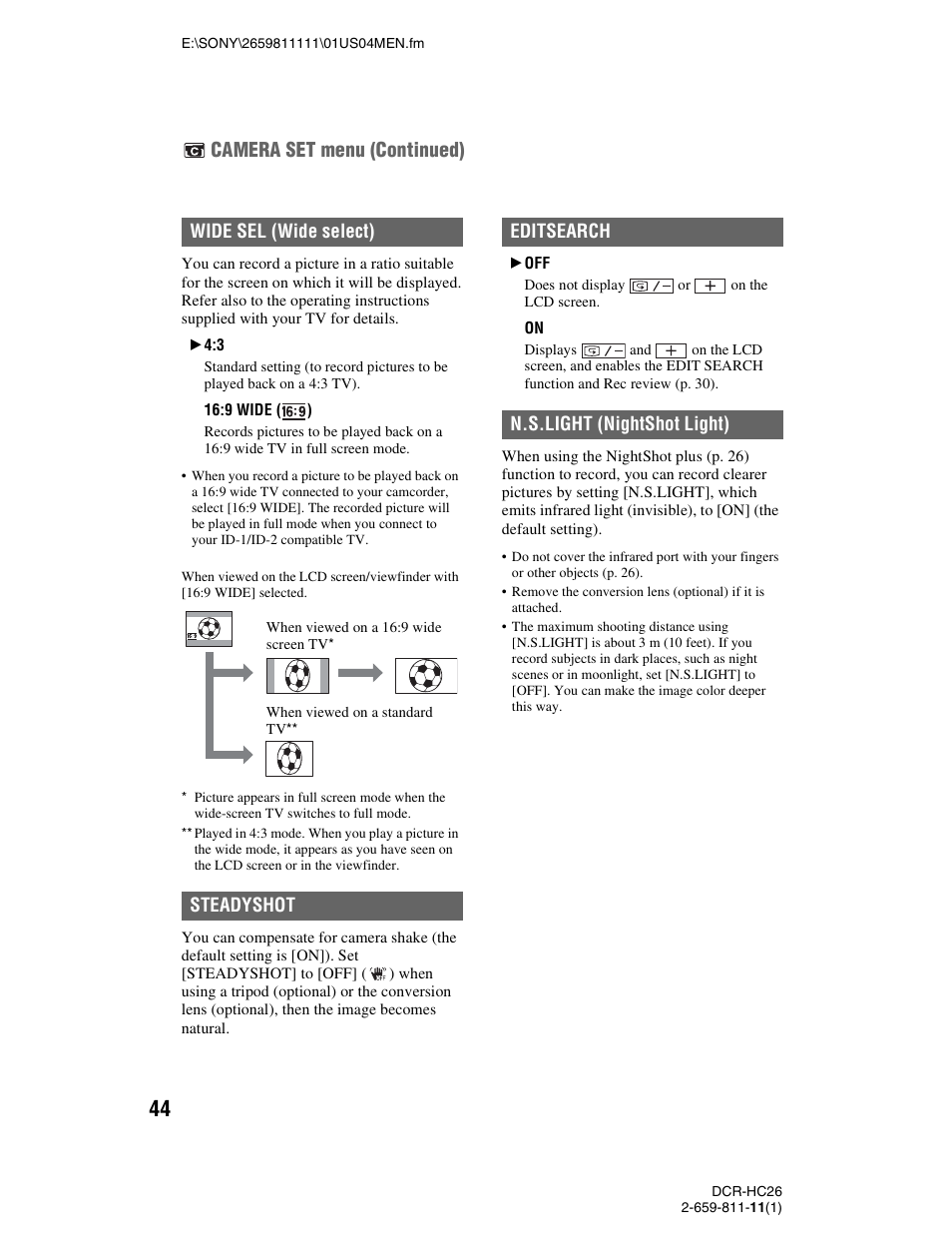 Camera set menu (continued), Wide sel (wide select), Steadyshot | Editsearch n.s.light (nightshot light) | Sony DCR-HC26 User Manual | Page 44 / 92