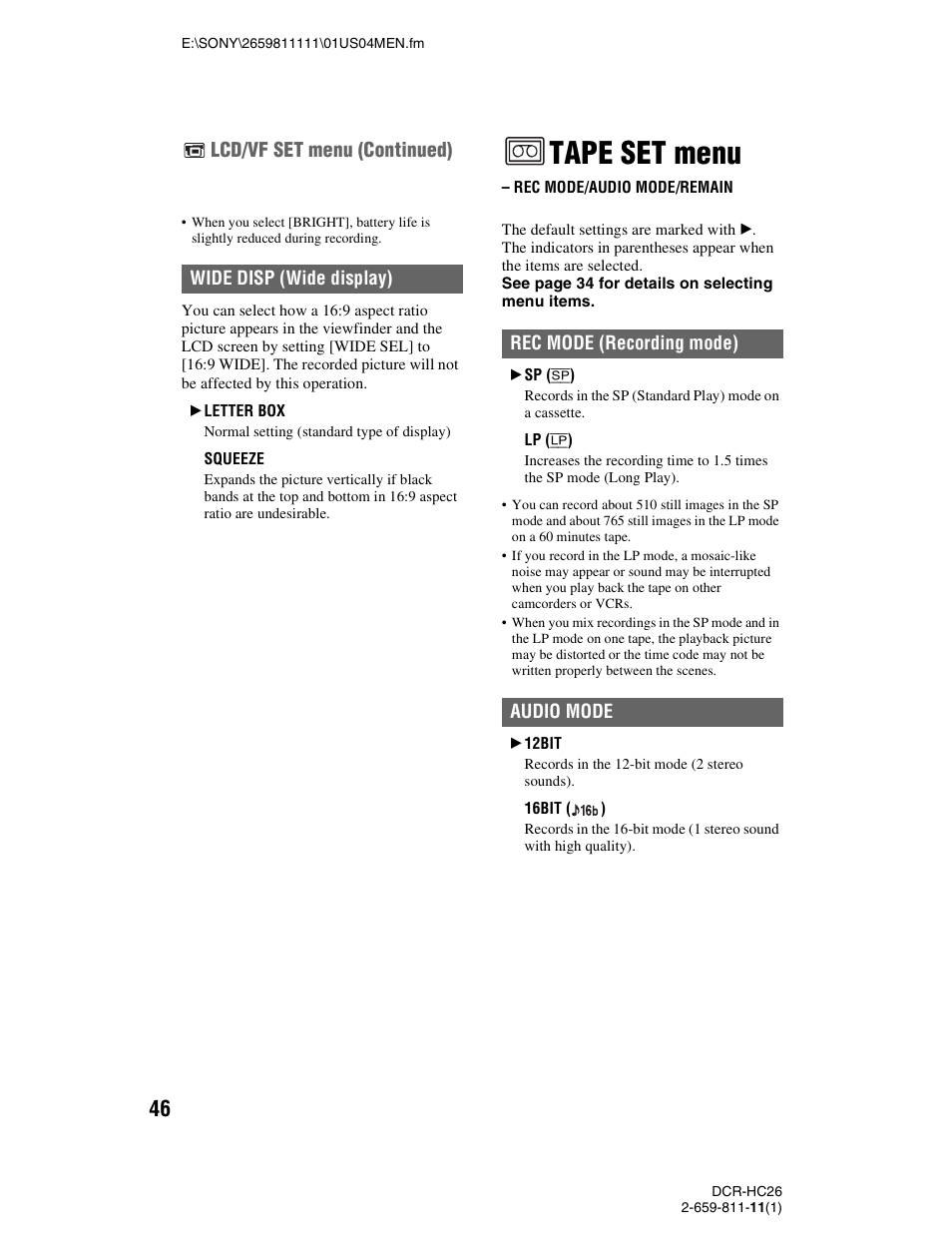 Tape set menu, Rec mode/audio mode/remain, P. 46) | Lcd/vf set menu (continued) | Sony DCR-HC26 User Manual | Page 46 / 92