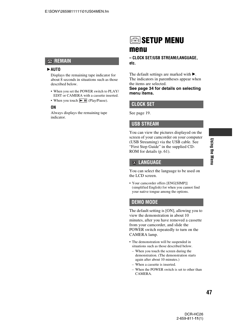 Setup menu menu, Clock set/usb stream/language, etc, P. 47) | Sony DCR-HC26 User Manual | Page 47 / 92