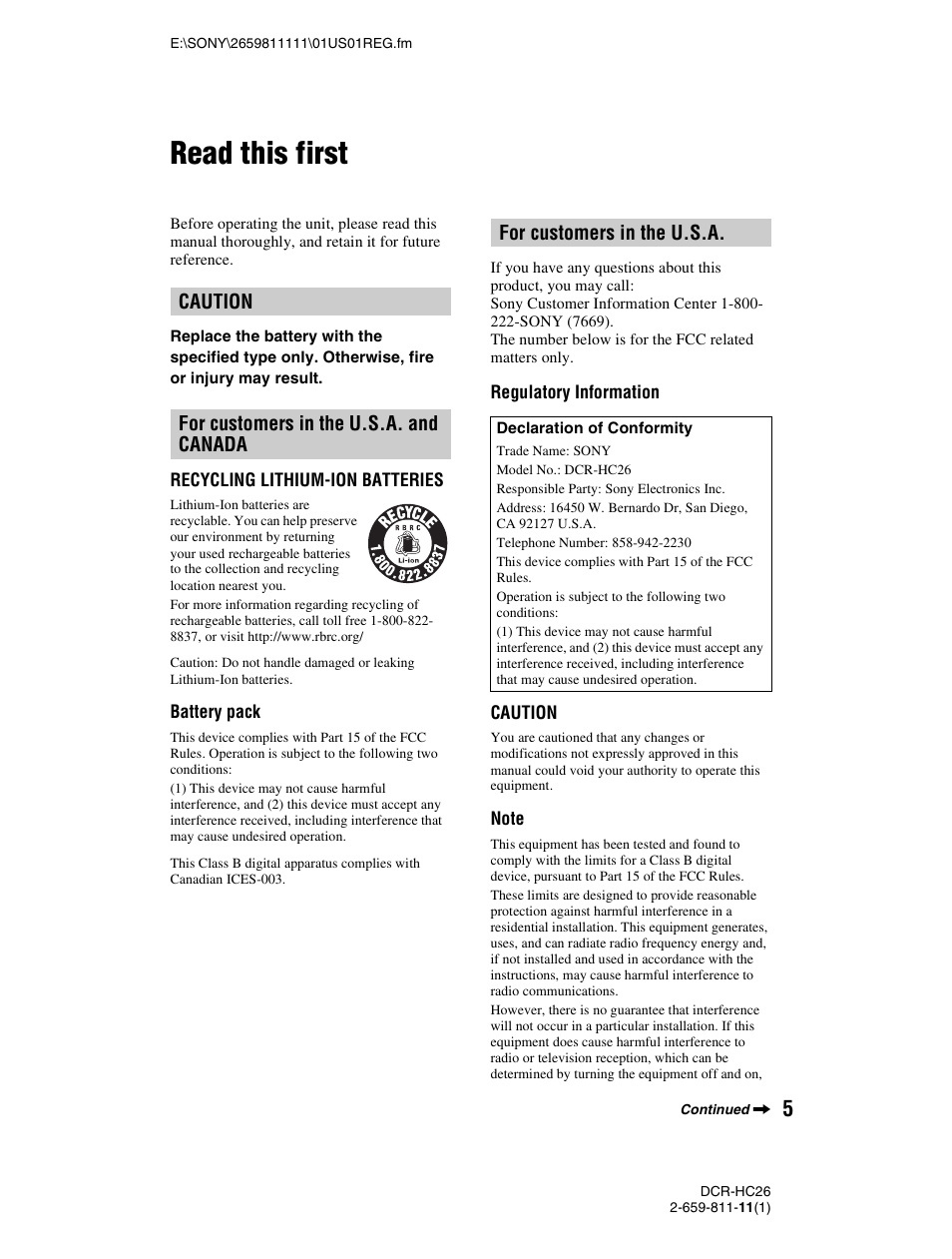Read this first | Sony DCR-HC26 User Manual | Page 5 / 92