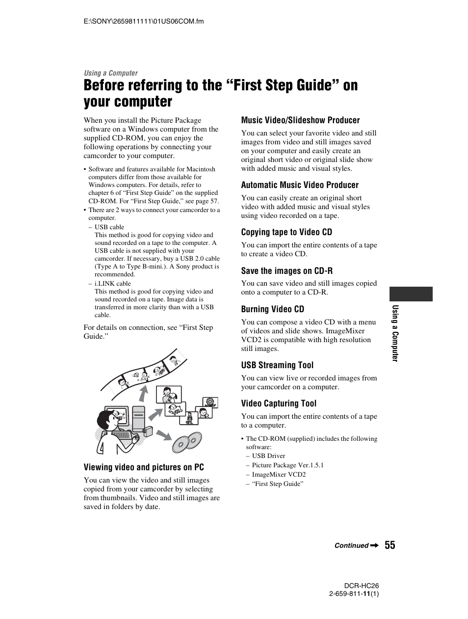 Using a computer, P. 55) | Sony DCR-HC26 User Manual | Page 55 / 92