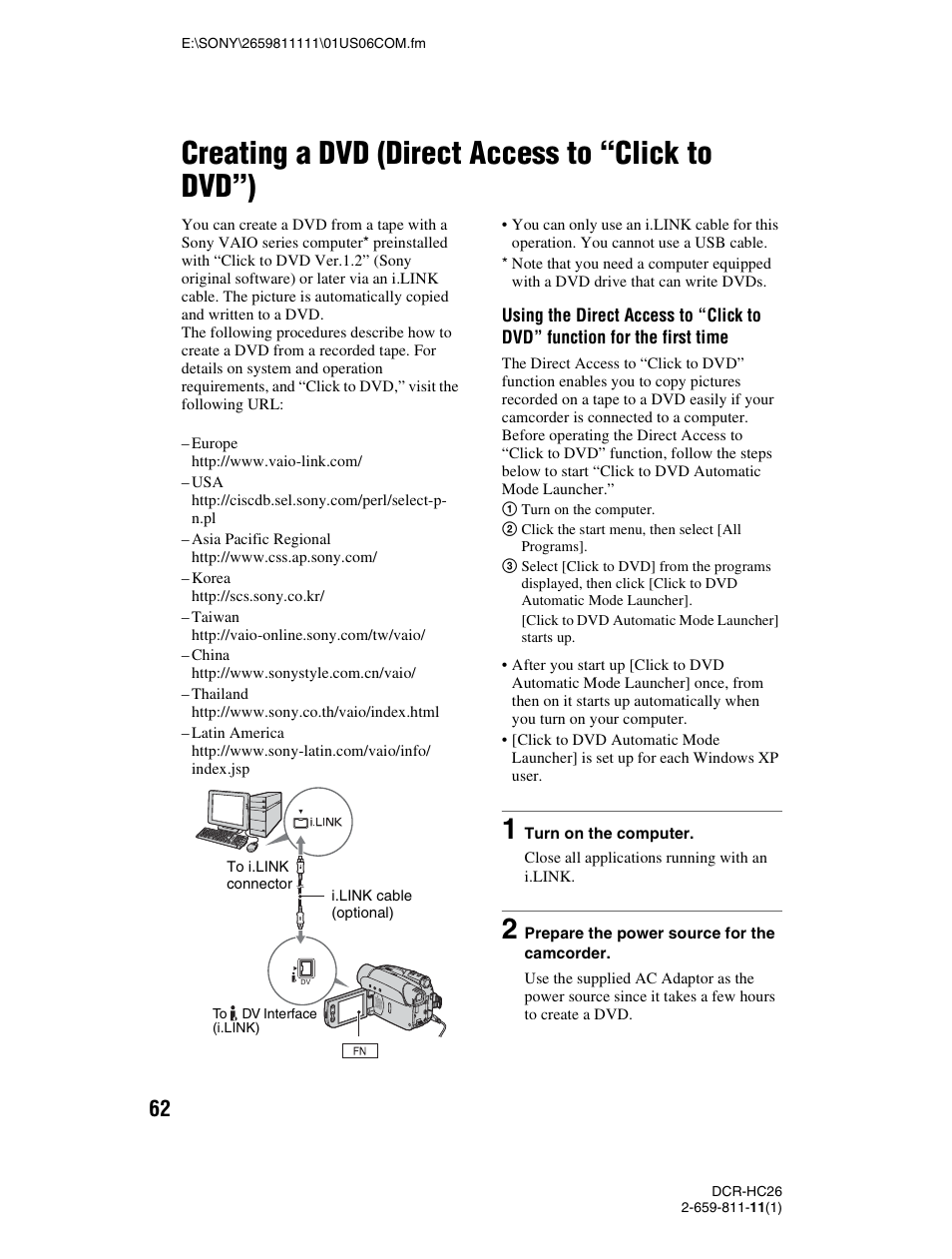 Creating a dvd (direct access to “click to dvd”), P. 62) | Sony DCR-HC26 User Manual | Page 62 / 92