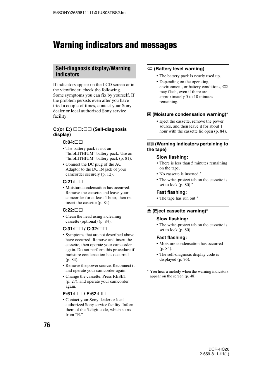 Warning indicators and messages, P. 76), Self-diagnosis display/warning indicators | Sony DCR-HC26 User Manual | Page 76 / 92