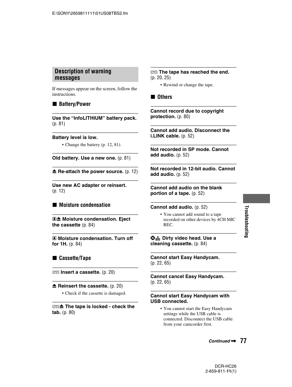 Description of warning messages | Sony DCR-HC26 User Manual | Page 77 / 92