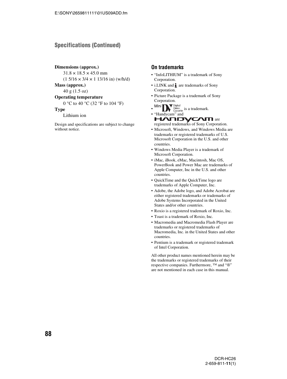 Specifications (continued), On trademarks | Sony DCR-HC26 User Manual | Page 88 / 92