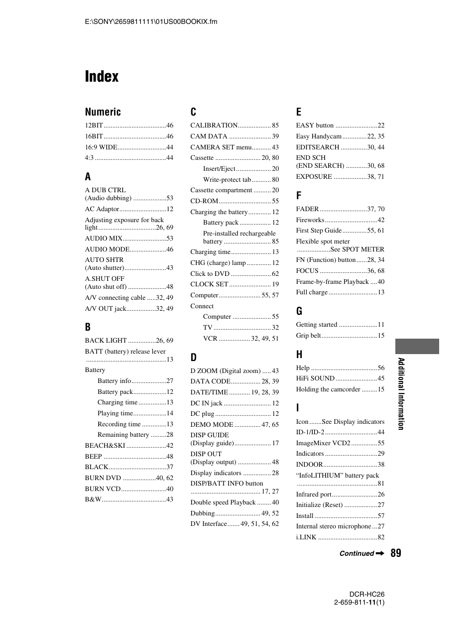 Index, Numeric | Sony DCR-HC26 User Manual | Page 89 / 92