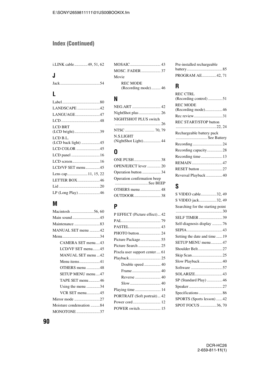 Index (continued) | Sony DCR-HC26 User Manual | Page 90 / 92