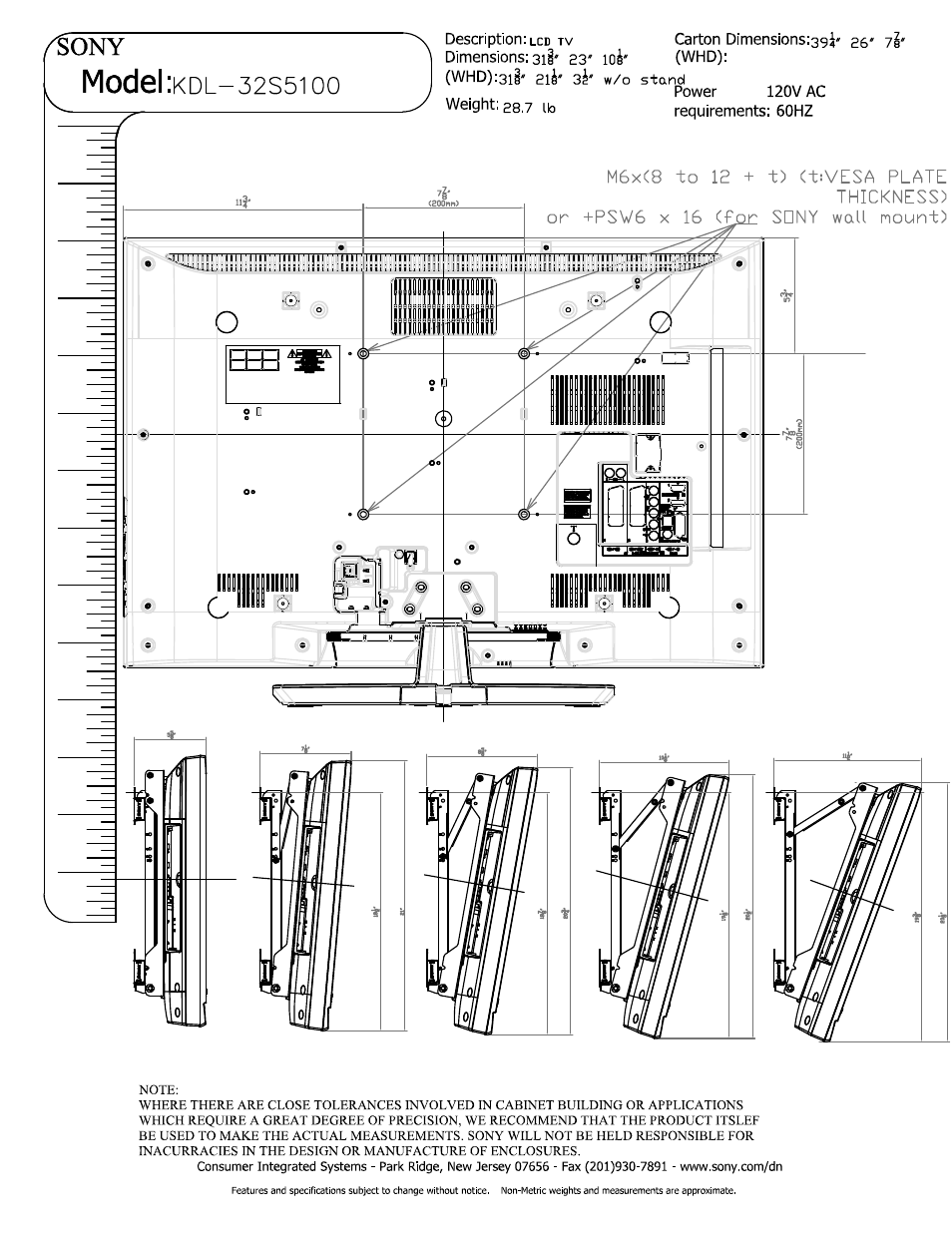 Whd):3li' 2i4' 3^' w/o stand, Model | Sony KDL-32S5100 User Manual | Page 2 / 2