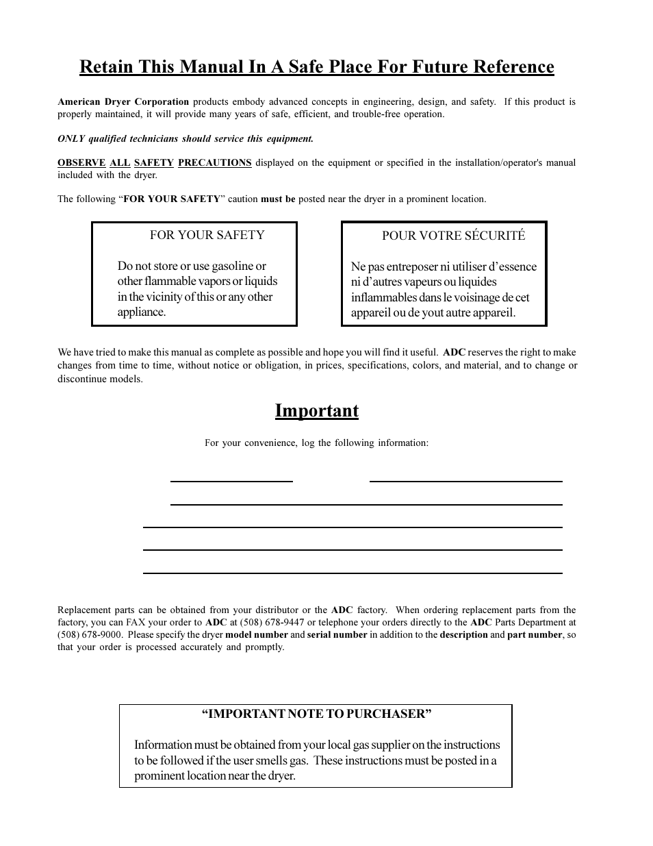 Important, Ml-410 | American Dryer Corp. ML-410 User Manual | Page 2 / 67