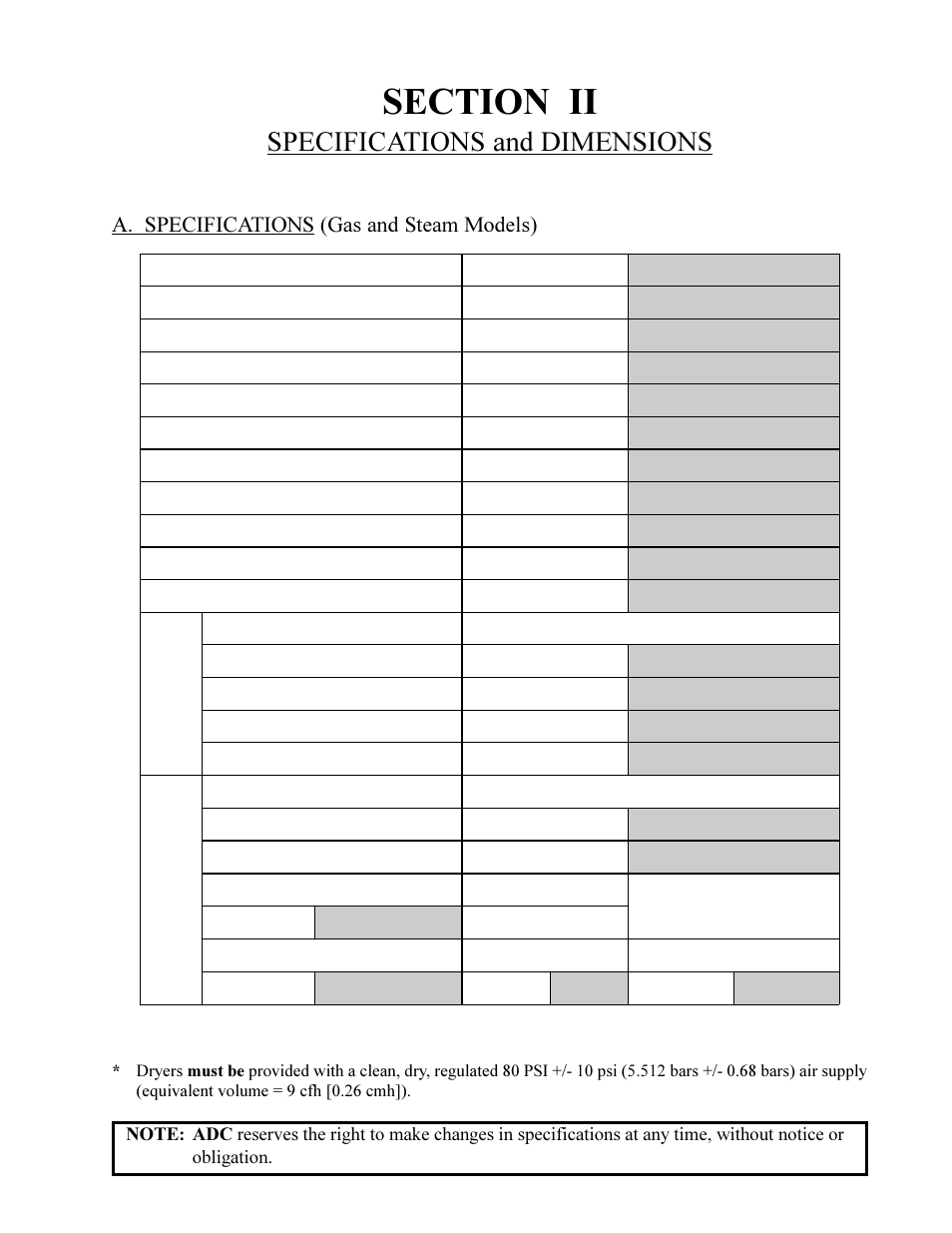 Gas* steam, Specifications and dimensions | American Dryer Corp. ML-410 User Manual | Page 21 / 67