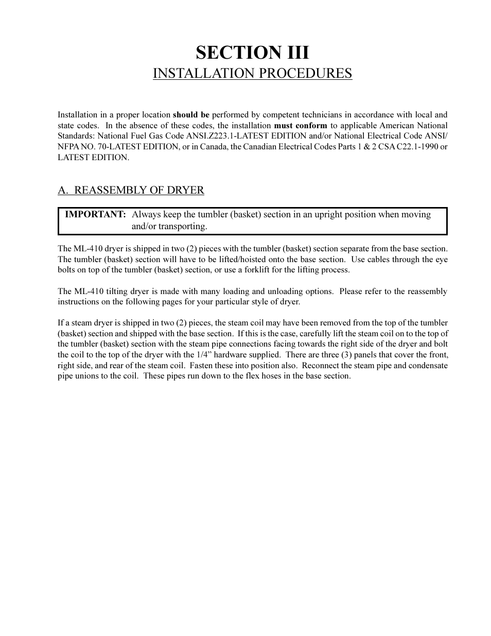 Installation procedures | American Dryer Corp. ML-410 User Manual | Page 27 / 67