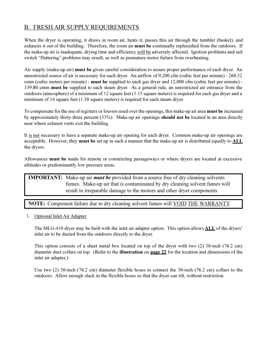 B. fresh air supply requirements | American Dryer Corp. ML-410 User Manual | Page 34 / 67