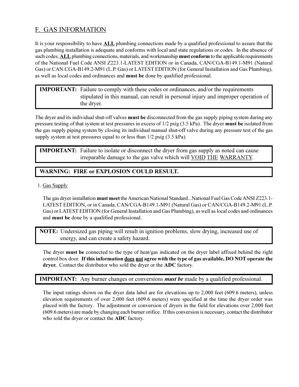 F. gas information | American Dryer Corp. ML-410 User Manual | Page 41 / 67