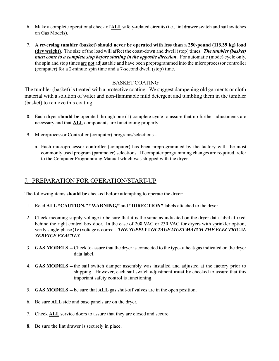 J. preparation for operation/start-up | American Dryer Corp. ML-410 User Manual | Page 52 / 67