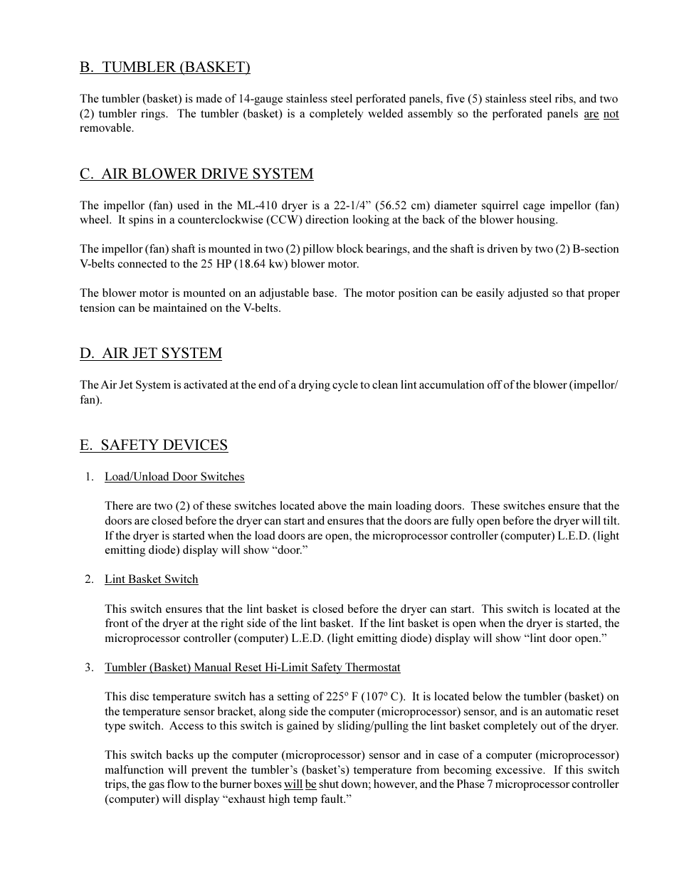 B. tumbler (basket), C. air blower drive system, D. air jet system | E. safety devices | American Dryer Corp. ML-410 User Manual | Page 61 / 67